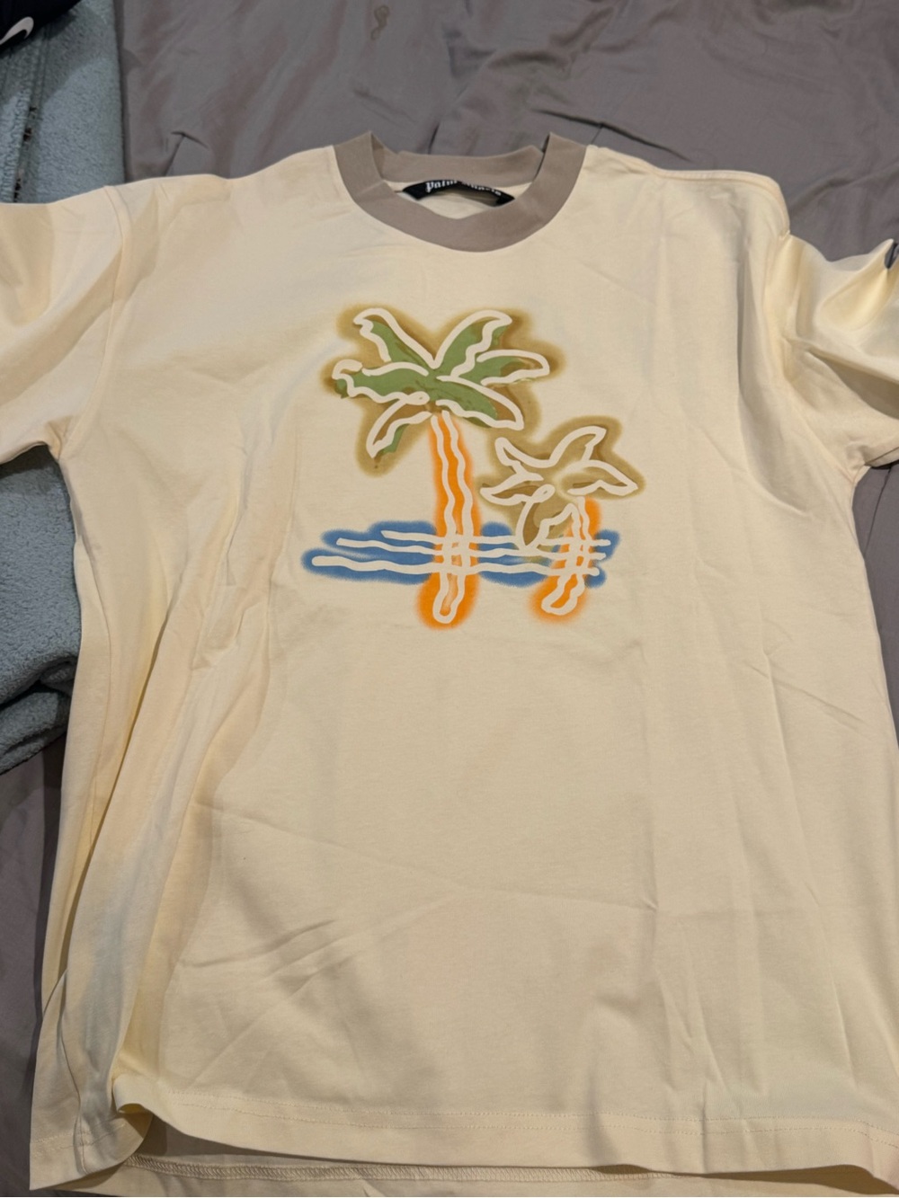 Palm Angels Cream Tee with Colorful Palm Tree Motif